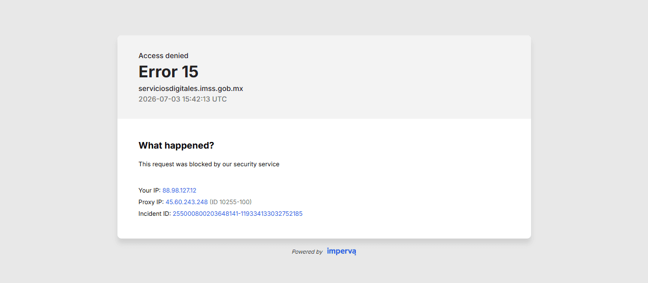 Pantalla de bloqueo 'Access denied — Error 15' del firewall del servicio de semanas cotizadas del IMSS
