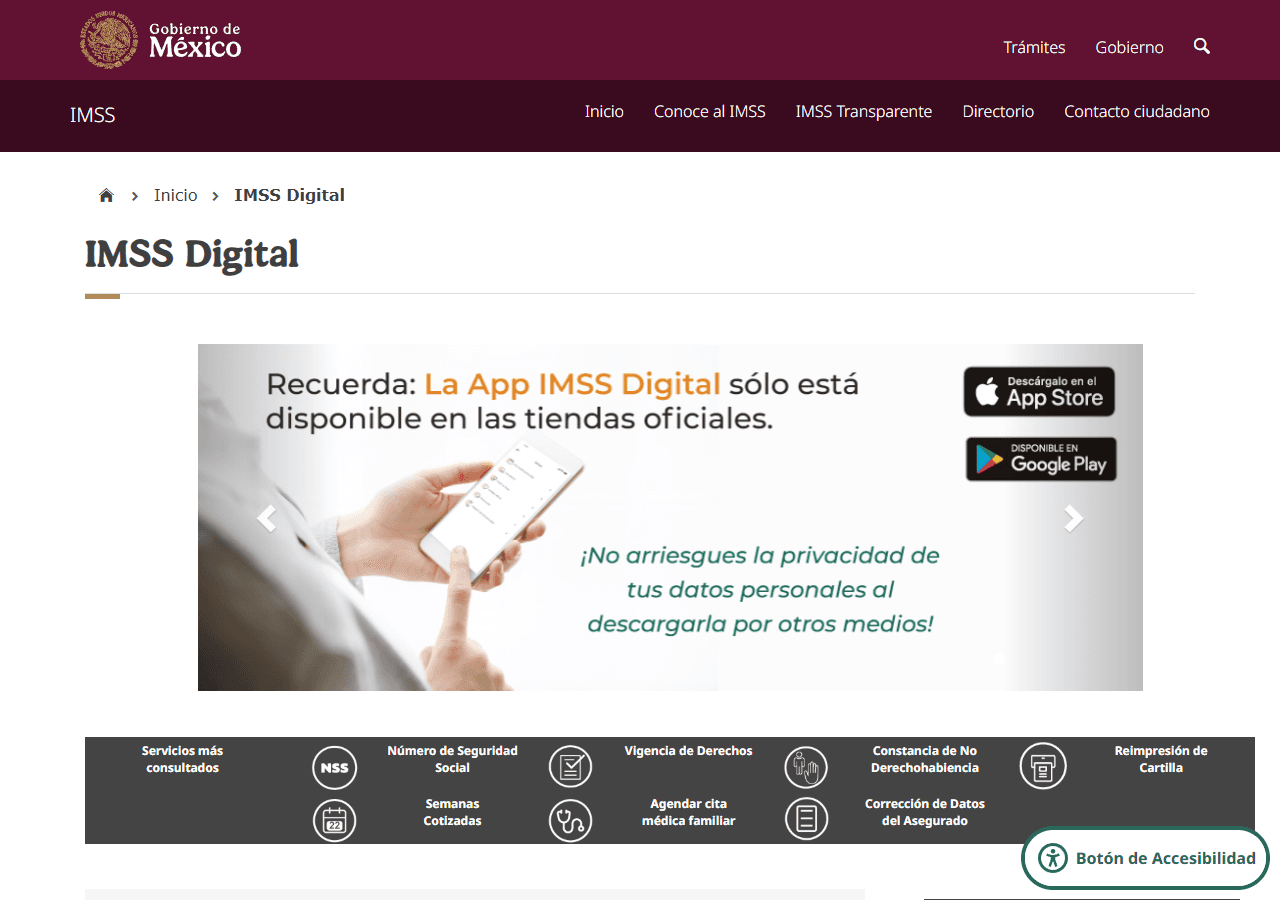 Página IMSS Digital del sitio oficial del IMSS, con el menú de servicios en línea donde aparece Semanas Cotizadas